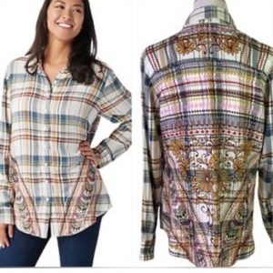 Tolani Collection Long-Slv Plaid Top Embroidery Women's A354820‎ sz M NWT (814)